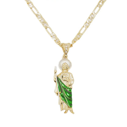 Saint Jude Necklace 14K Gold Plated San Judas Pendant Figaro Chain - green