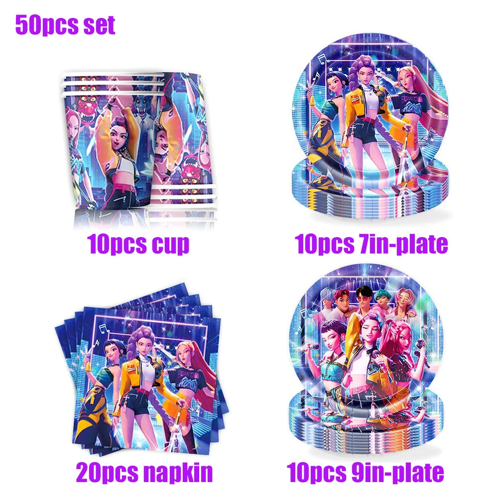 K Pop Birthday Party Decoration Tableware Set - Napkin Tablecloth Banner Paper Plates Slap Bracelets Stamps Baby Shower Suppl
