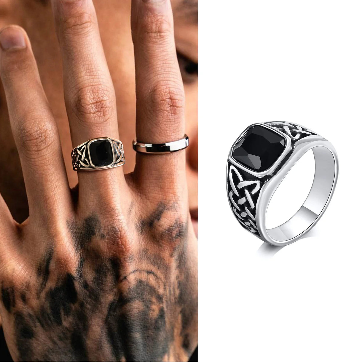 Punk Vintage Ethnic Rings for Men, Retro Viking Knot Rune Finger Band, Black Geometric Square Stone Signet Ring Jewelry - RC-