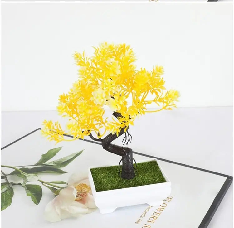 Garden Arrangement Ornaments Plastic Plants Bonsai Small Tree Pot Fake Plant Potted Flower Home Room Table Decoration - Yello