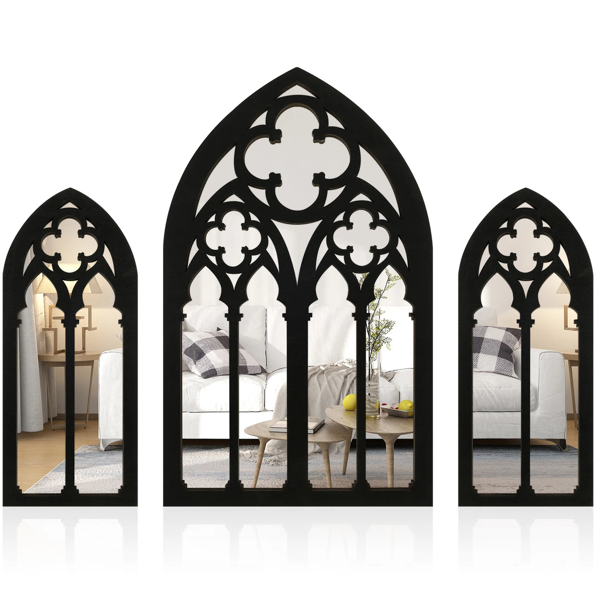 3Pcs Gothic Mirrors Wall Decor Arched Decor Mirror Wall Mounted Goth Room Decor Vintage Cathedral Window Mirror Entry Mirror 