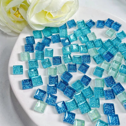 Mosaic Tiles for Crafts Blue Shine Assorted Color 50pcs Glass Glitter Mosaic Supplies Pieces Bulk Square Shape Home Decoratio