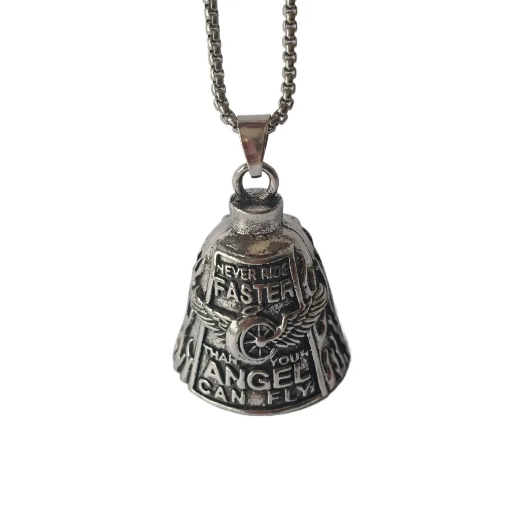 Vintage 3D Design Motorcycle Guardian Bell Punk Style Wing Design Biker Good Luck Charm Alloy Retro Angel Pendant Bell Men