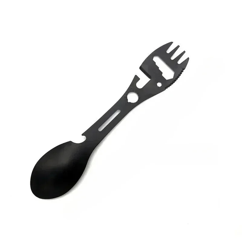 Camping Utensils Set Stainless Steel Outdoor Survival Gear 5 in 1 Tableware Travel Hiking Cutlery Fork Spoon Opener - black