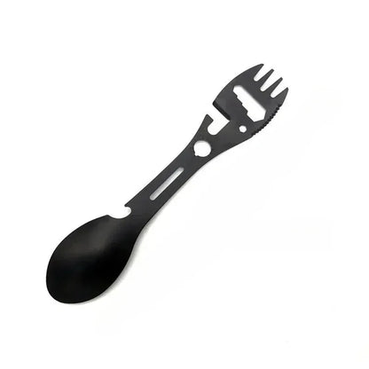 Camping Utensils Set Stainless Steel Outdoor Survival Gear 5 in 1 Tableware Travel Hiking Cutlery Fork Spoon Opener - black