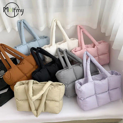 Women Tote Handbags Quilted Plaid Bag Retro Trendy Checkered Waterproof Shoulder Bag Solid Color Winter Soft Large Capacity B