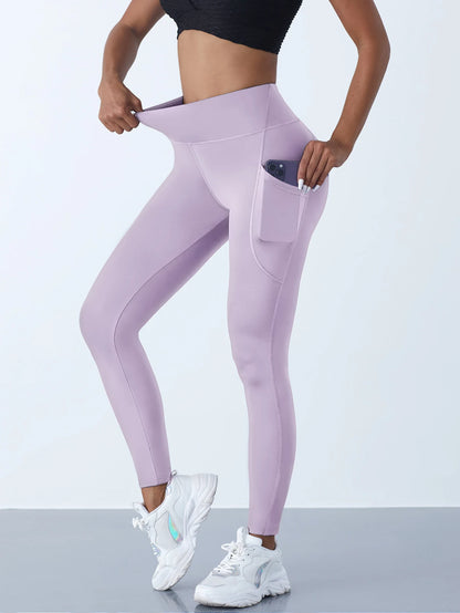 New High Waist Women's Leggings Stretch Yoga Pants Tights With Pockets Push Up Fitness Running Sportswear Solid Color Pants -