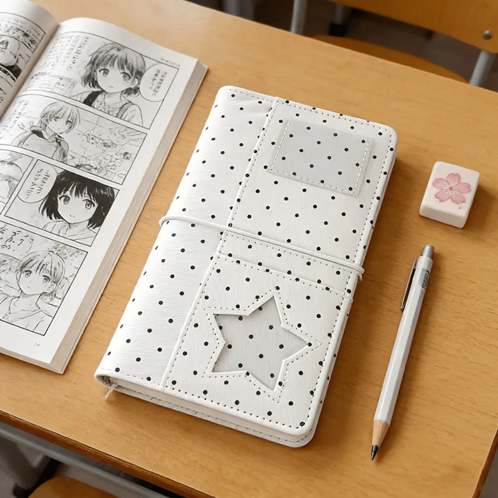 A6 Polka Dot Cloth Binder Notebook 6-Hole Loose Leaf Portable DIY Scrapbook Journal Multi Pocket Photo Album Planner School G