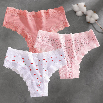 3Pcs Cotton Lace Patchwork Bikini Panties Women Seamless Floral Print Brazilian Pants Low Waist Breathable Female Sexy Linger