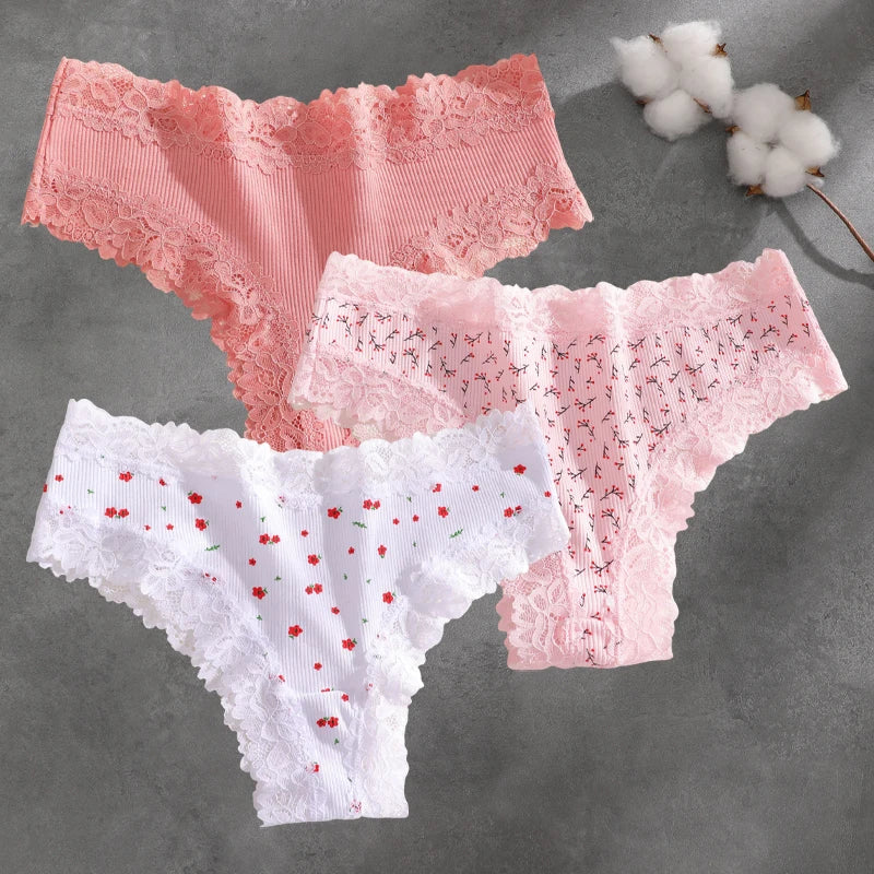 3Pcs Cotton Lace Patchwork Bikini Panties Women Seamless Floral Print Brazilian Pants Low Waist Breathable Female Sexy Linger