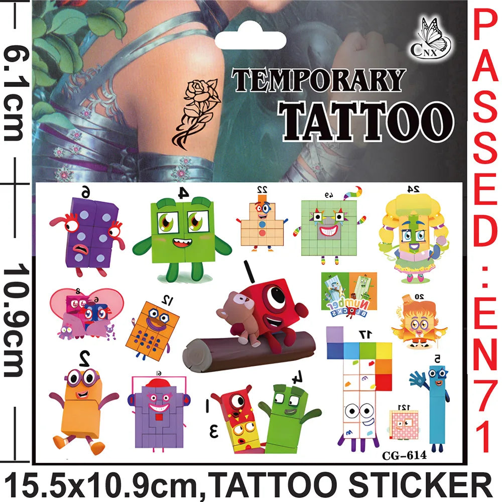 Building Block Numbers Tattoo Stickers Waterproof Cute Birthday Party Supplies Reward Toy for Kids Decoration Christmas Gift