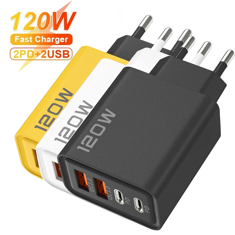 Quick Charge 3.0 Fast Charger Muti Total 120W 4 Port USB Type C PD Mobile Phone Wall Adapter for iPhone 16 Samsung S24 Xiaomi