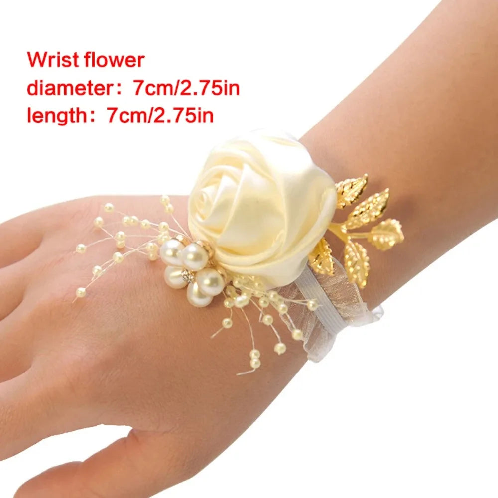 Bridesmaid Wrist Flowers Rose Corsage Pearl Polyester Ribbon Bracelet Wedding Accessories