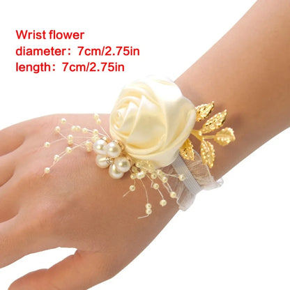 Bridesmaid Wrist Flowers Rose Corsage Pearl Polyester Ribbon Bracelet Wedding Accessories