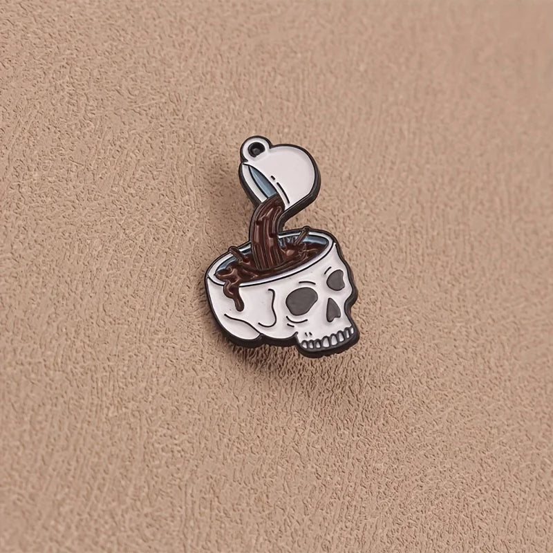 Vintage-Style Skull Coffee Cup Enamel Pin - Fashionable Alloy Brooch for Men