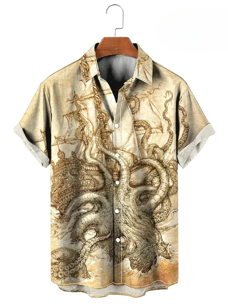 Vintage Button Up Shirt Man 3d Map Printed Short Sleeve Hawaiian Shirt Lapel Men's Clothing Casual Fashion Tops Oversized Tsh