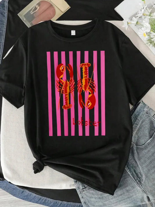 American Summer Marine Lobster Ins Printed Women Casual T-shirt Short Fashionable Y2k Personality Round Neck Comfortable T-sh