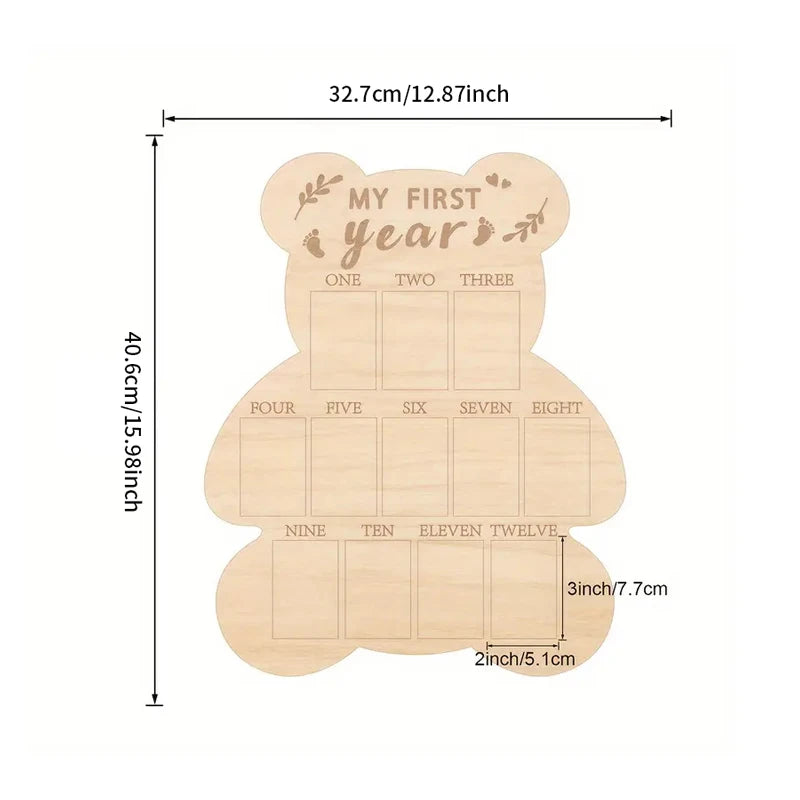 Wooden Bear First Year Milestone Photo Frame Wood Poster Board Memorial Table Decor Ornament Poster Board for Birthday Gift