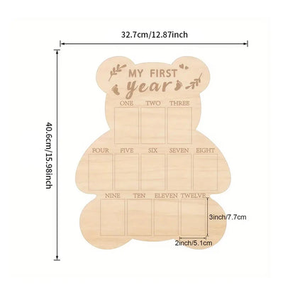 Wooden Bear First Year Milestone Photo Frame Wood Poster Board Memorial Table Decor Ornament Poster Board for Birthday Gift