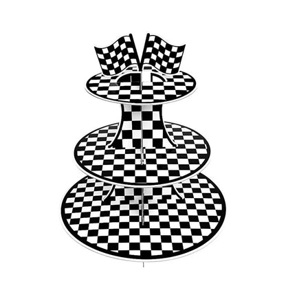 Racing Car Theme 3-Tier Round Cardboard Cupcake Stand Cars Birthday Party Tablecloth Black and White Checkered Decor Supplies