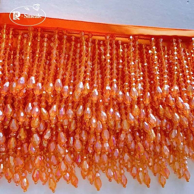 Lace Trim Beaded 2 Yards, Crystal Tassels, 5.5 Cm Wide, Vintage Lace Accent for Sewing, Scrapbooking - Orange Yellow -B / 9Ya