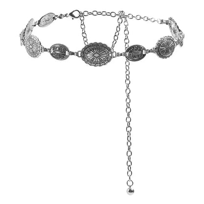 Retro Metal Waist Chain for Women Carved Round Decorative Belt Fashion Waist Jewelry Dress Accessories - silver