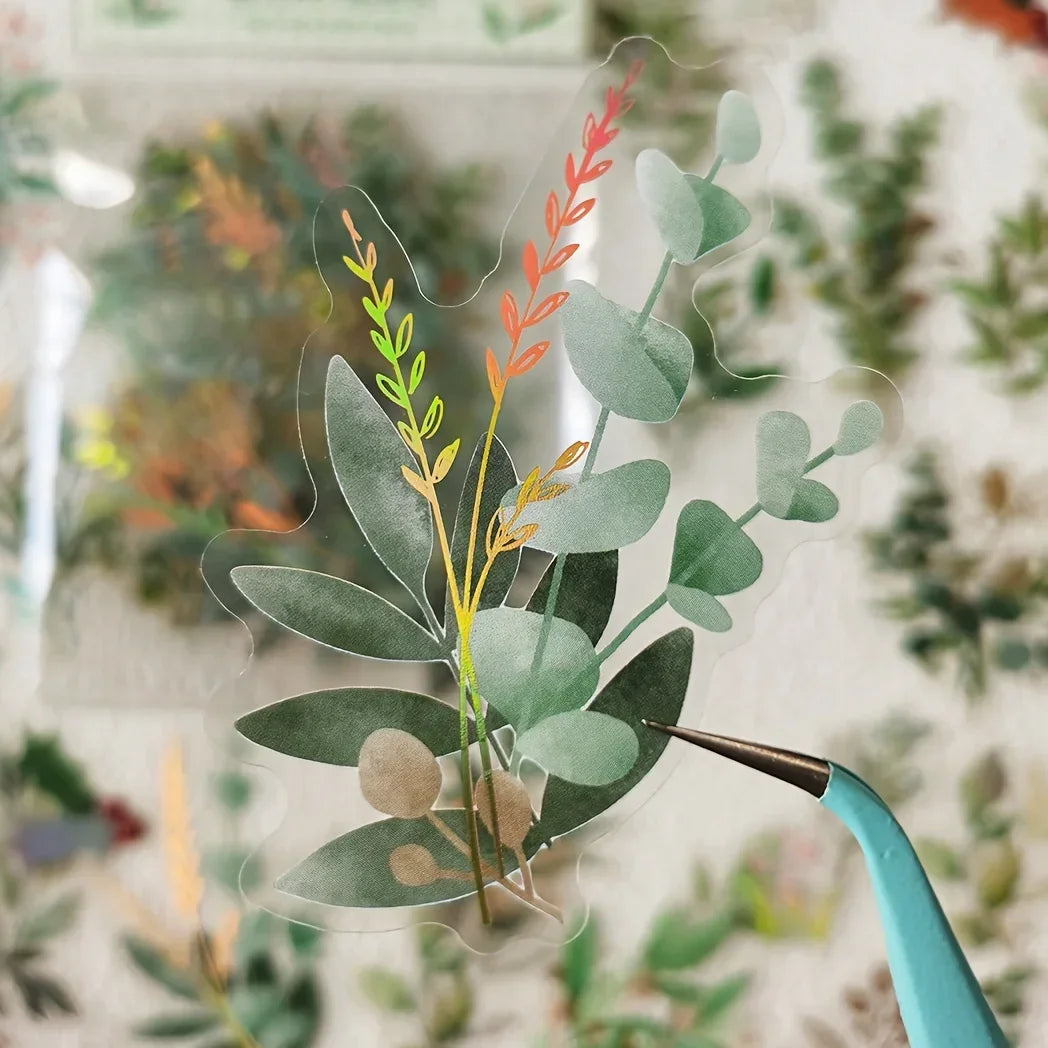40sheets/pack Transparent PET Stickers Scrapbooking Materials DIY Junk Journal Collage Floral Leaves Plants Decor Stickers