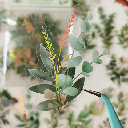 40sheets/pack Transparent PET Stickers Scrapbooking Materials DIY Junk Journal Collage Floral Leaves Plants Decor Stickers