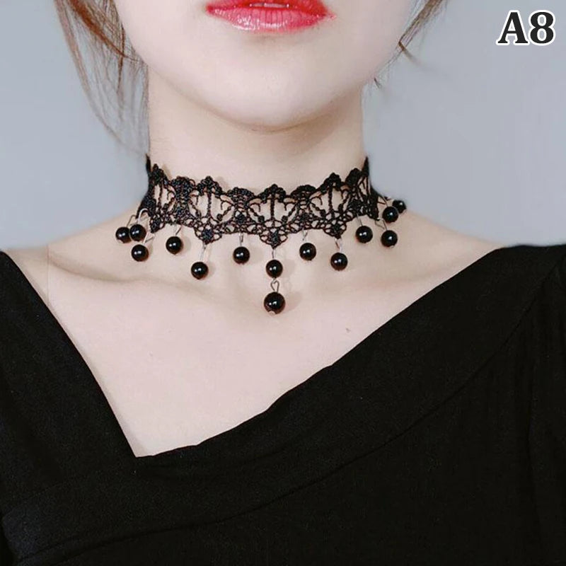 New Sexy Gothic Chokers Crystal Black Lace Neck Choker Necklace Vintage Victorian Women Chocker Steampunk Jewelry - A8