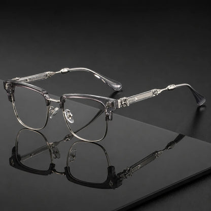 Vintage Cross Carving Glasses Men Women Luxury Half Frame Anti Blue Light Eyeglasses Retro Square Computer Eyewear - Grey Cle