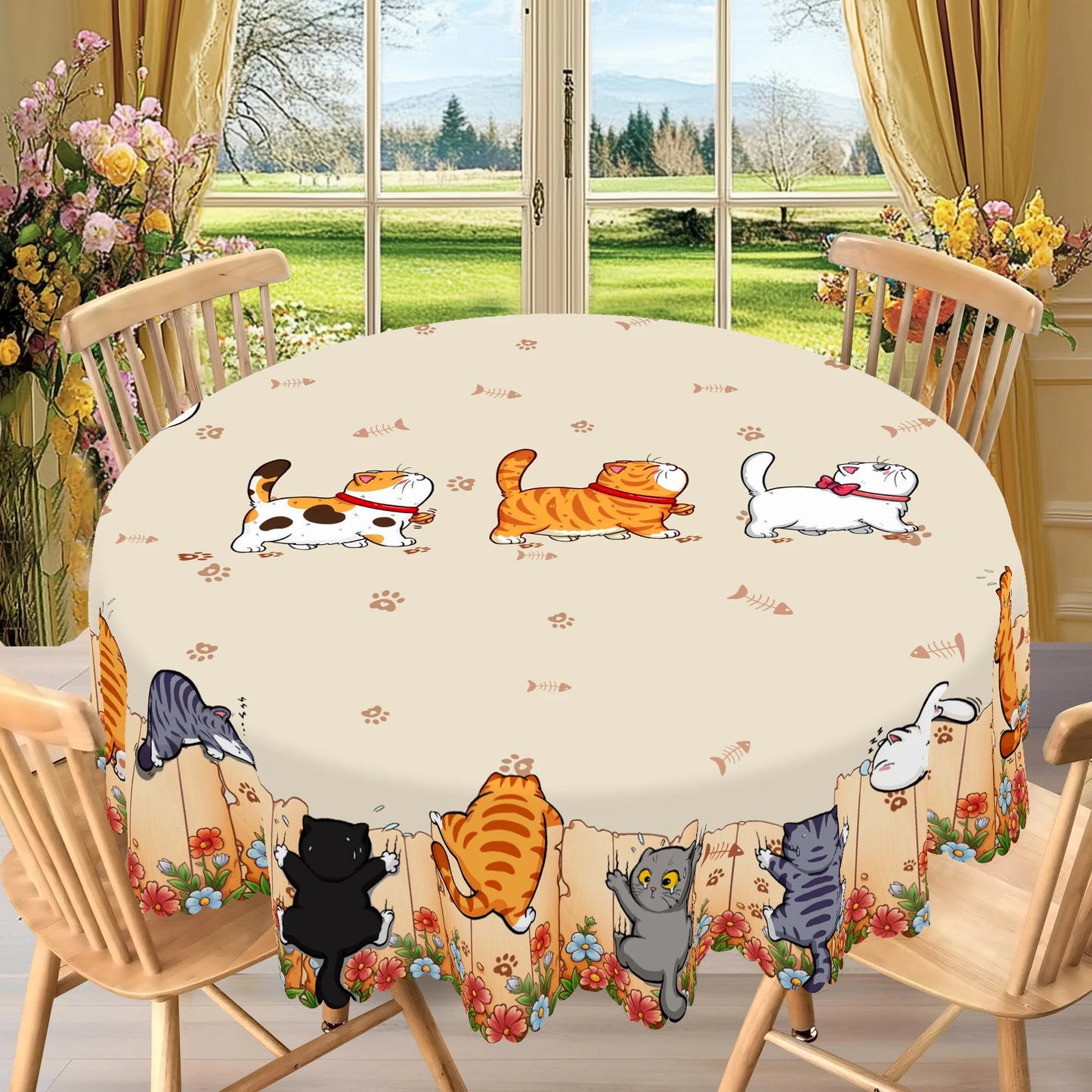 1 Piece of Cute Cat Round Tablecloth, 5 Sizes Available, Cute Cartoon Cat Pattern Printed Desk Tablecloth, Edge Embossing Pro