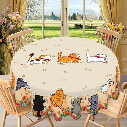1 Piece of Cute Cat Round Tablecloth, 5 Sizes Available, Cute Cartoon Cat Pattern Printed Desk Tablecloth, Edge Embossing Pro