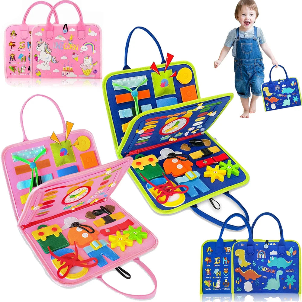 Toddler Busy Board Montessori Toys Learning Educational Activities Travel Toy Dinosaur Dress up Sensory Life Skill Backpack
