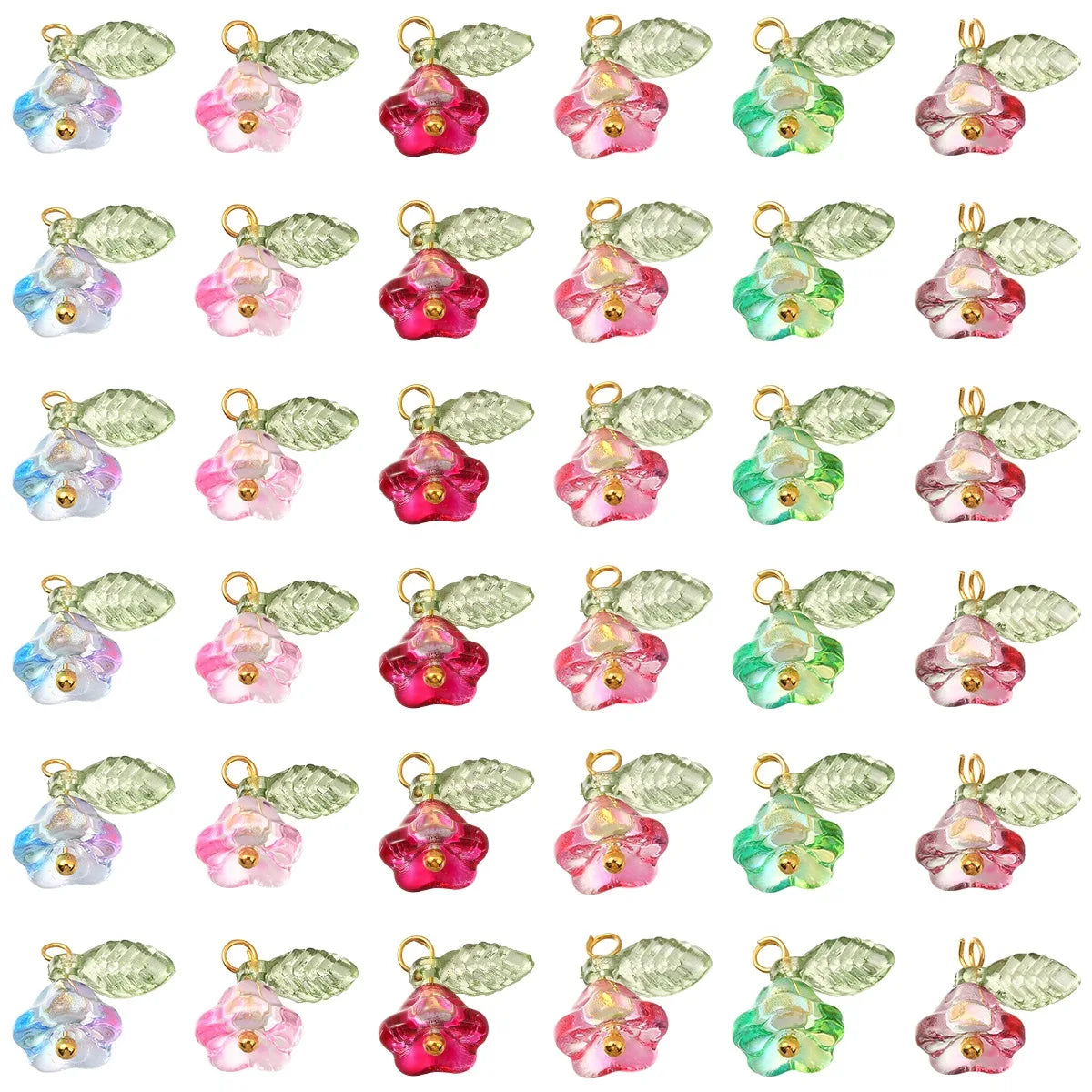 30Pcs 6 Colors Glass Pendants with Golden Brass Findings Flower Charms for Women Necklace Bracelet Earrings DIY jewelry makin