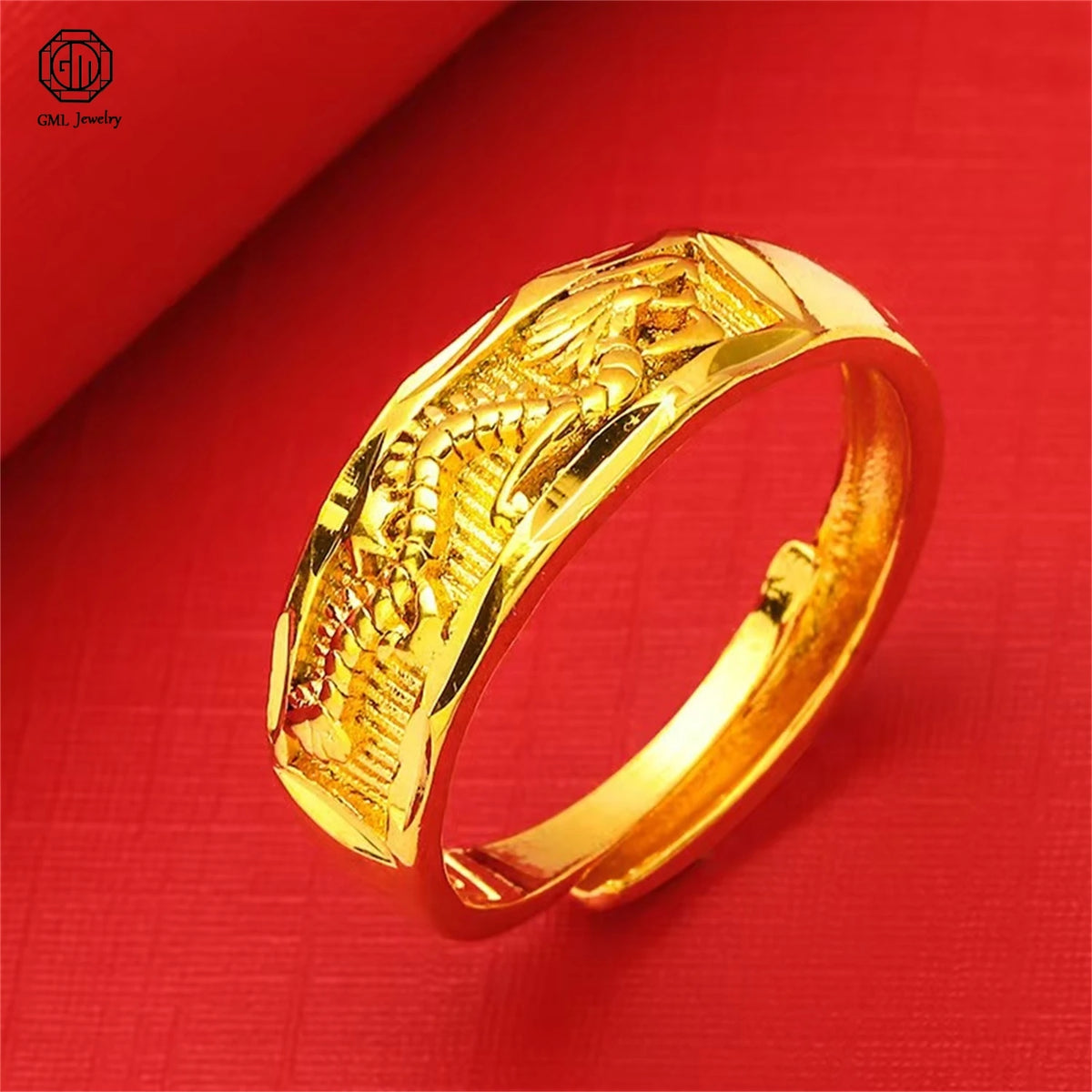 Sand Gold Adjustable Ring Matte Wide Band Openable Fade Resistant Unisex Couple Jewelry Solid Minimalist Gift - Dragon B