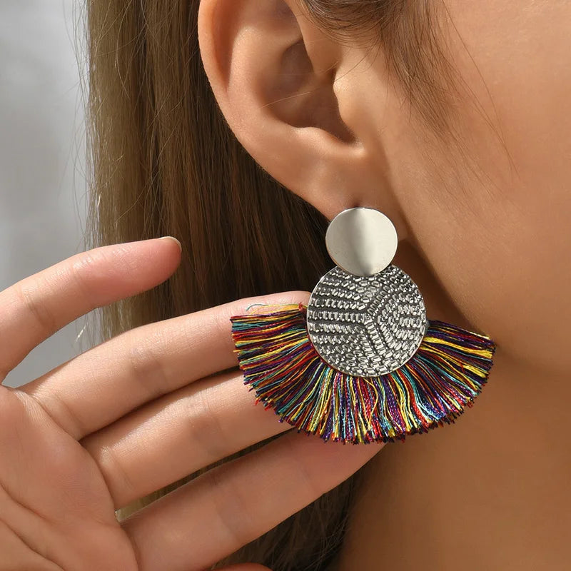 Fashion Bohemian Big Tassel Dangle White Fringe Female Earrings Drop Earrings for Women Statement Wedding Jewelry - rainbow