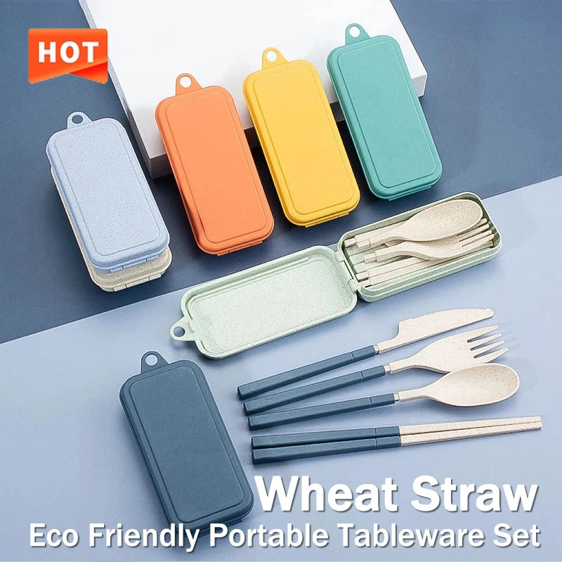 4Pcs Portable Tableware Set Wheat Straw Dinnerware Detachable Cutlery Travel Tableware Picnic Dinnerware Set Camping Cutlery 