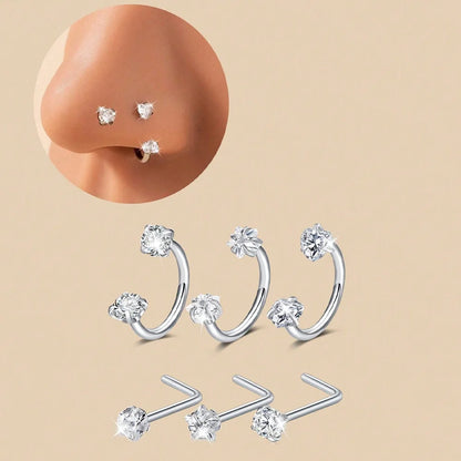 6/2pcs Horseshoe Nose Rings With L-Shape Nose Stud, Stainless Steel Rianbow CZ Nose Ring,, Lip Eyebrow Helix Ear Piercing - 6