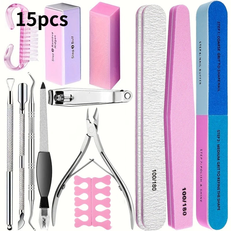 10/15pcs Professional Nail Art Kit with 100/180 Grit Files,Buffer Sponge,Brush,Scissors,Cuticle Nippers Pushers Gel Polish To