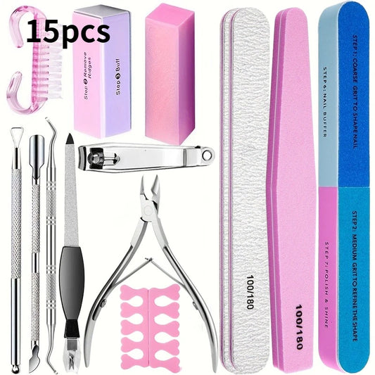 10/15pcs Professional Nail Art Kit with 100/180 Grit Files,Buffer Sponge,Brush,Scissors,Cuticle Nippers Pushers Gel Polish To