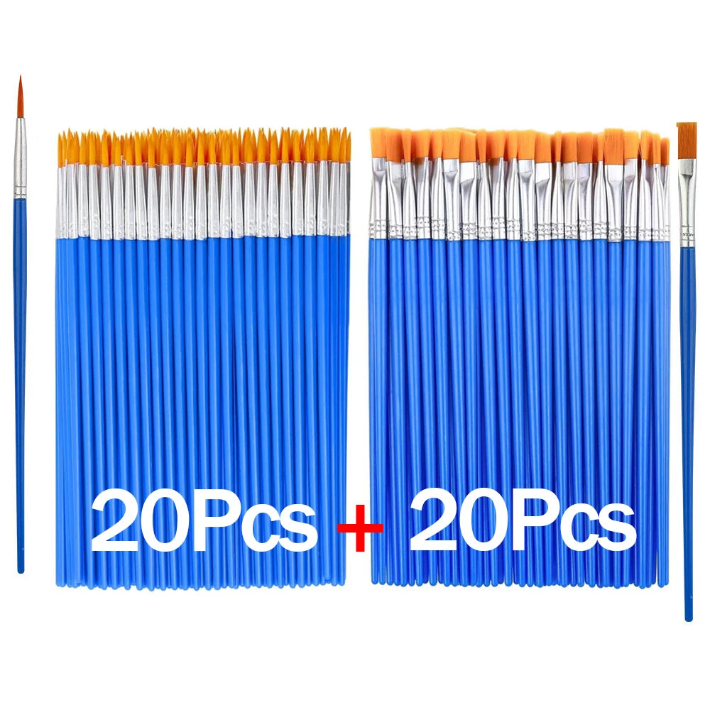 20-200Pcs Painting Brushes Set Art Round Flat Nylon Hair Paint Brush for Oil Acrylic Watercolor Kids/Artists/Beginners/Studen