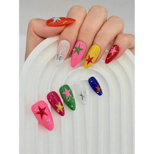 10Pcs Handmade Nail Art, Almond Dopamine Color Nail Art, Hand-Painted Star Pattern Design, Daily Nail Art