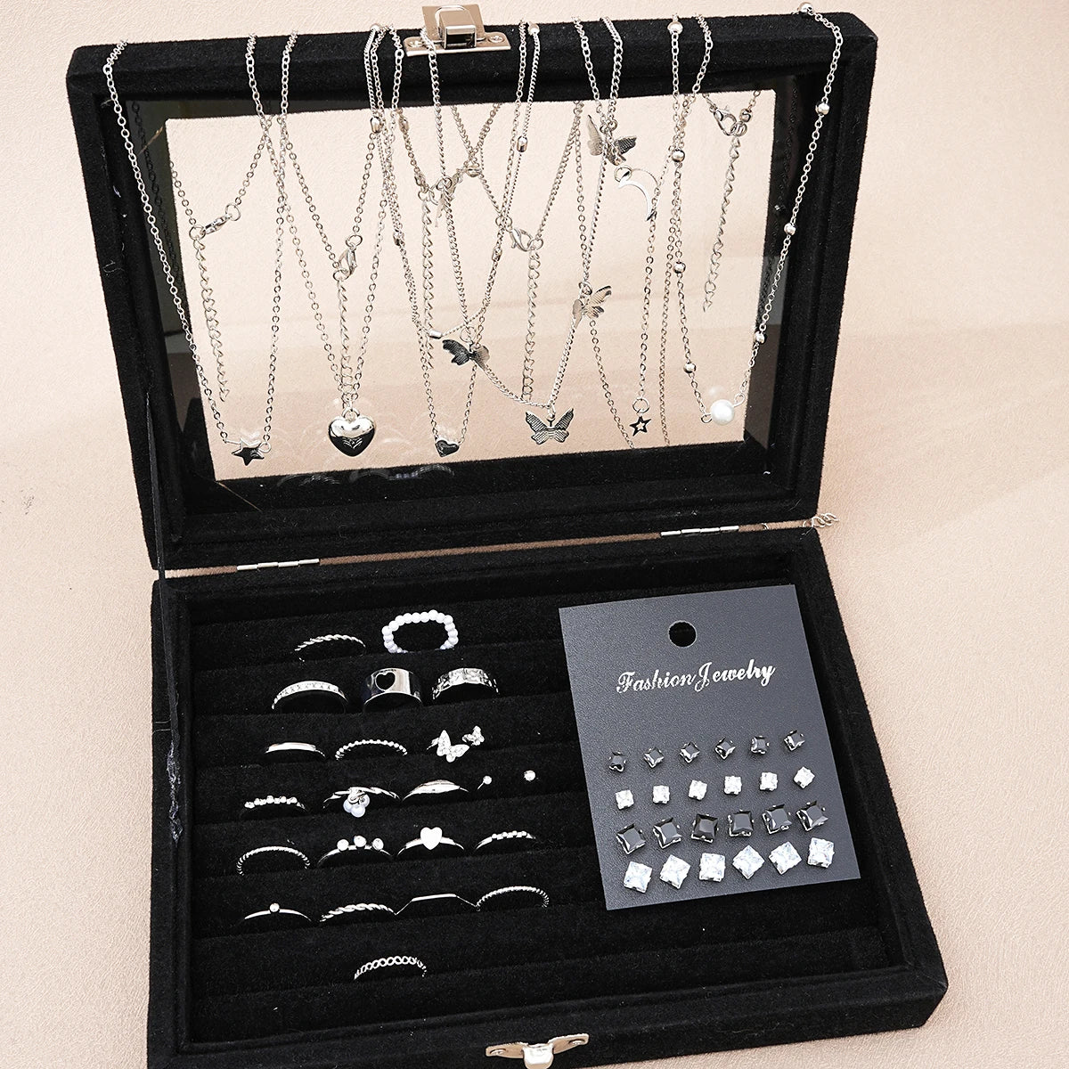 51 Pcs/Set Silver Color Chic Jewelry Set For Women Fashion Butterfly Heart Pearl Necklaces, Earrings, Rings, Match Daily Outf