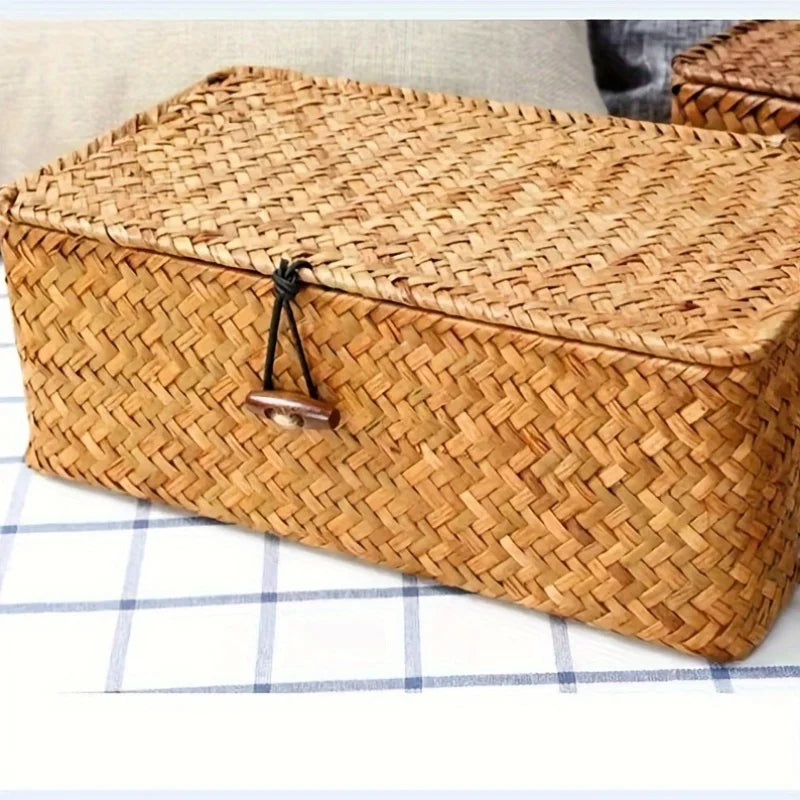 Woven Vintage Storage Rack Basket Boho Pastoral Home Decor Covered Storage Box Desktop Miscellaneous Storage Box Pastoral Bas