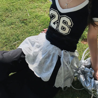 Polyester Embroidered Flower Lace Mini Skirt See Through Y2K Streetwear Ruched Skirts Harajuku Butt Curtain Jeans Decoration 