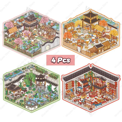 DIY Cartoon Cat Leisure Life in 4 Seasons Landscape Sticker 3D Pocket Cabin Scene Stacking Pasting Stickers Gift for Kid Chil