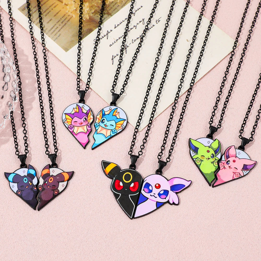 2-piece cute Eevee cartoon pendant necklace with heart patchwork, anime-style metal necklace