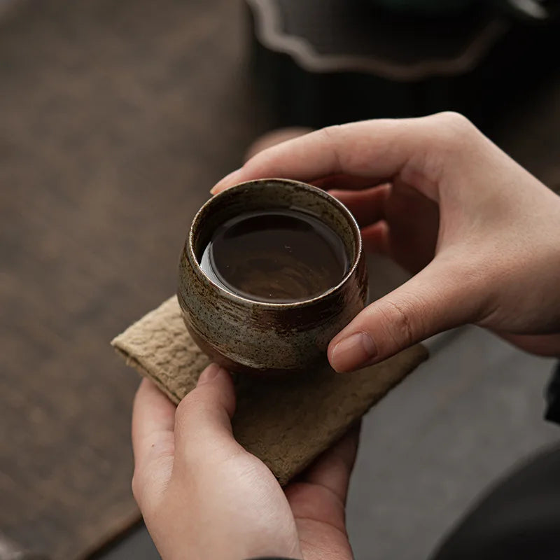 1pc Japanese Style Handmade Stoneware Tea Cup Kung Fu Tea Set Tea Cup Small Single Cup Ancient Style Quiet Road Cup Bowl Teac