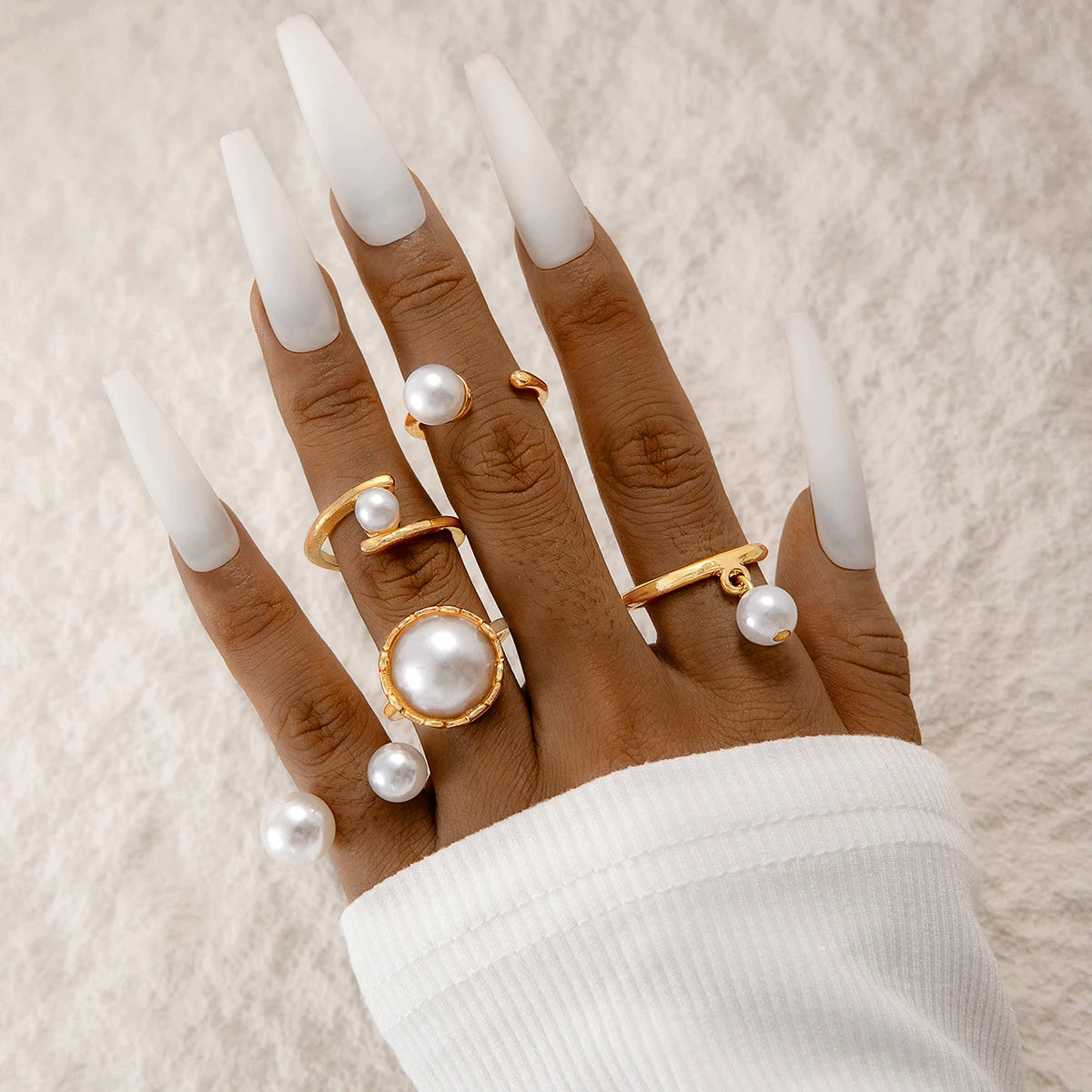 Tocona 2024 New Fashion Luxury Imitation Pearl Open Ring Sets for Women Elegant Gold Color Ring Party Jewelry Accessories - 2