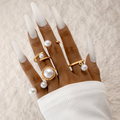 Tocona 2024 New Fashion Luxury Imitation Pearl Open Ring Sets for Women Elegant Gold Color Ring Party Jewelry Accessories - 2